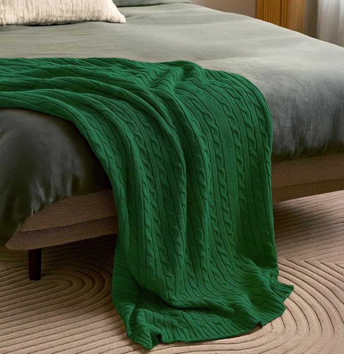 100% Cotton Cable-Knit Throw Blanket: 60" x 70", Ultra Soft, Breathable, All-Season Comfort & Versatility, Ideal for Couch, Bed, Travel and Gifting (Green)