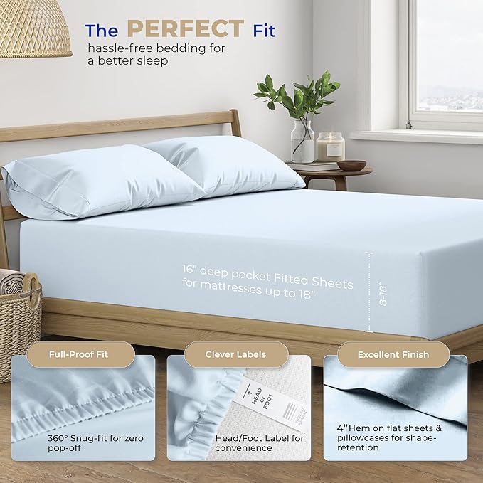 THREAD SPREAD 2-Pack Twin Cotton Sheets Sets - 400 Thread Count 100% Cotton Sateen Weave - Extra Soft, Breathable, Hotel Quality Cooling Sheets, 2 Sets of Twin Size Deep Pocket Bed Sheets (Light Blue)