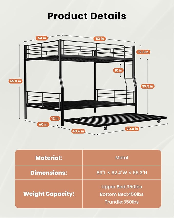 Full XL Over Queen Bunk Bed with Trundle, Heavy-Duty Queen Bunk Bed with with Safety Ladder and Full-Length Guardrail, Convertible to 3 Beds for Teens and Adults, Black