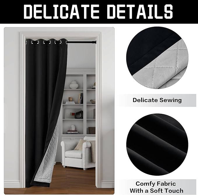 Black 3-in-1 Heavy Soundproof Curtains 100% Blackout Window Drapes Grommet Doorway Curtains Heat Insulating Winter Curtains for Bedroom Living Room (1 Panel, Black, 50" x 96")