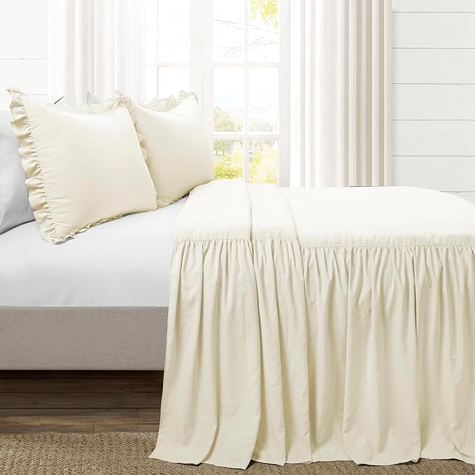 Lush Decor Ruffle Skirt Bedspread Set - 3 Piece Luxurious Farmhouse Bedding Set - Elegant, Charming Ruffle Detail - Timeless Style & Classic Design - Soft and Lightweight - Full, Ivory