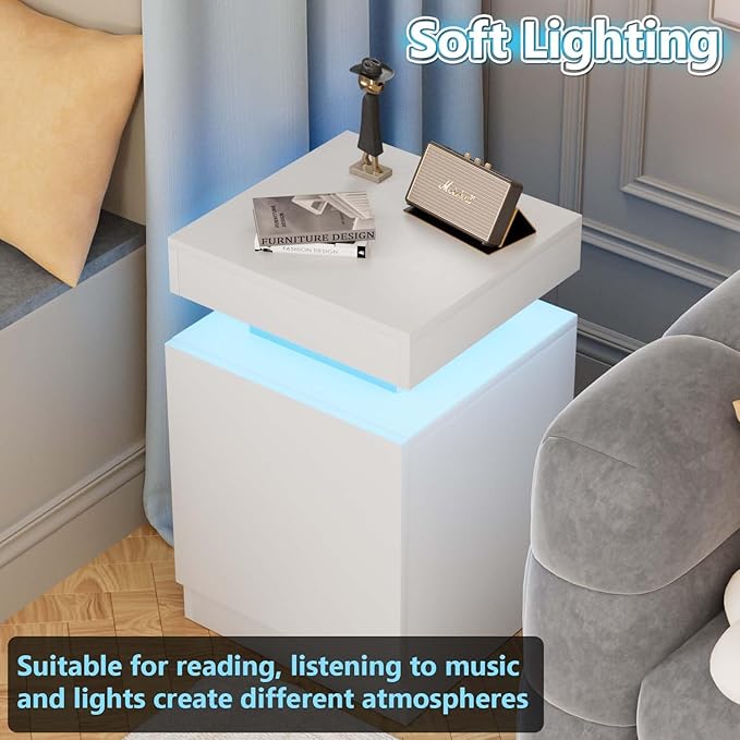 MXV Nightstand Set of 2 with LED Lights,Night Stand with Storage Cabinet for Bedroom,Bedside Table with LED (White, 17.7IN)