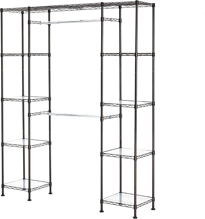 Amazon Basics Expandable Metal Hanging Closet Organizer and Storage Rack Wardrobe with Shelves, 57-80''L x 14''W x 72''H, Bronze