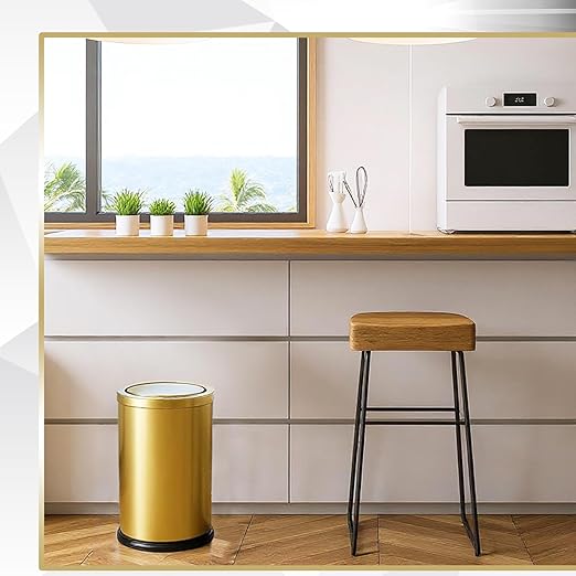 Maxdot 2 Pcs Gold Bathroom Trash Can with Flipping Lid 2.4 Gallon/9.1 L and Toilet Brush Set, Small Stainless Steel Garbage Trash Can Toilet Cleaner Brush Wastebasket Bin for Bathroom Bedroom Office
