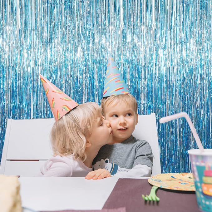 GOER 3.2 ft x 8.2 ft Metallic Tinsel Foil Fringe Curtains Party Photo Backdrop Party Streamers for Birthday,Graduation,New Year Eve Decorations Wedding Decor (Light Blue,1 Pack)