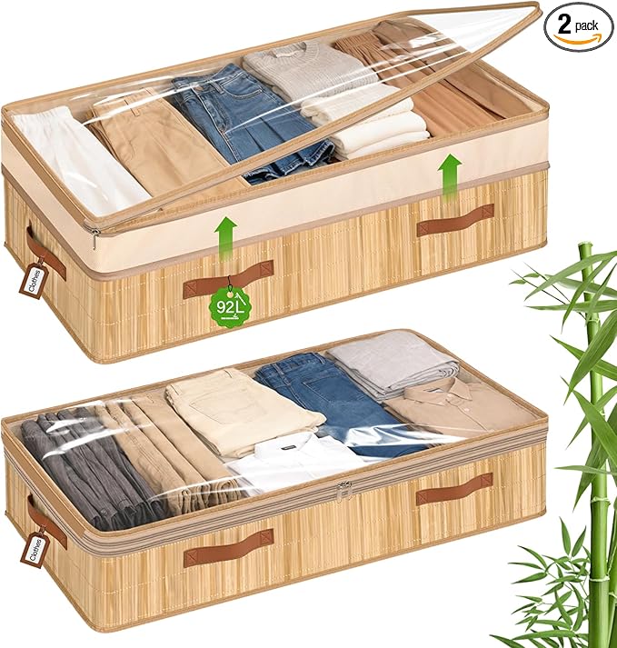 Livole 2 Pack Bamboo Under Bed Storage, 6-10 inches Height Adjustable Underbed Storage Containers, 92L XXXL Large Under Bed Storage Bins with Clear Lid & Label for Clothes, Blankets, Sweater, Shoes