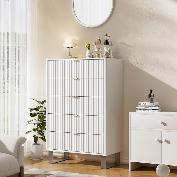 Fluted 5 Drawers Dresser, 48" H Modern Country Storage Dressers with Brushed Metal Handles, Wood Storage Organizers for Living Room, Hallway, White