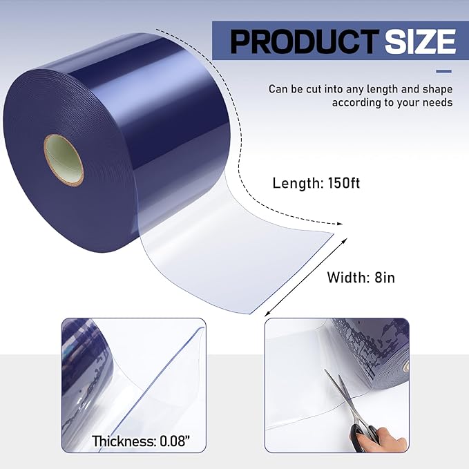 Moukeren Plastic Door Curtain for Winter 150 ft x 8 Inch Thermal Insulated Garage Door Strip Curtains Smooth Waterproof Clear PVC Strip Curtain for Warehouse Freezer Garage, 0.08" Thickness(Classic)