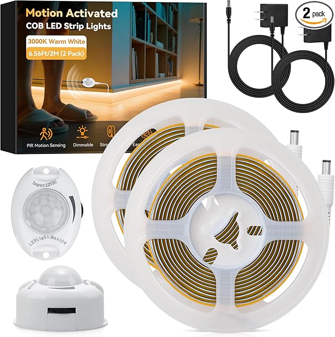 HOUHUI Under Bed Lights Motion Sensor COB LED Strip, 2 x 6.56Ft Warm White Motion Activated LED Light Strip for Bedside, 12V Dimmable Motion Sensor Night Light COB Strip for Under Cabinet Stair Closet