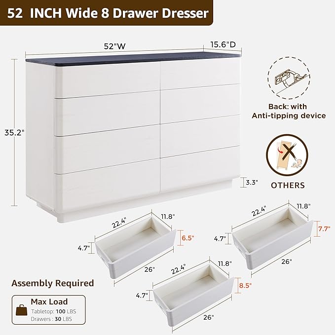 ACCOHOHO 8 Drawer Dresser for Bedroom, 52 Inch Wide Modern Chest of Drawers, Push-to-Open Wood Storgae Organizer with Large Drawers for Bedroom, Living Room, Hallway, Off White
