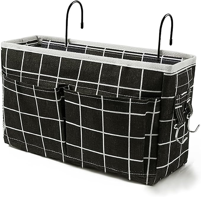 Someteth Bedside Caddy Bedside Hanging Storage Basket Multi-Function Organizer Caddy for Bunk and Hospital Beds Dorm Rooms Bed Rails, Can be Placed Glasses Books Mobile Phones（Black Grid）