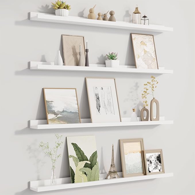 Fun Memories Picture Ledge Shelf for Wall, Floating Shelves Set of 4, 36 Inch Long Nursery Book Shelves for Toys Storage, Kids Bookshelf Wall Mounted for Books Photo Frames, White