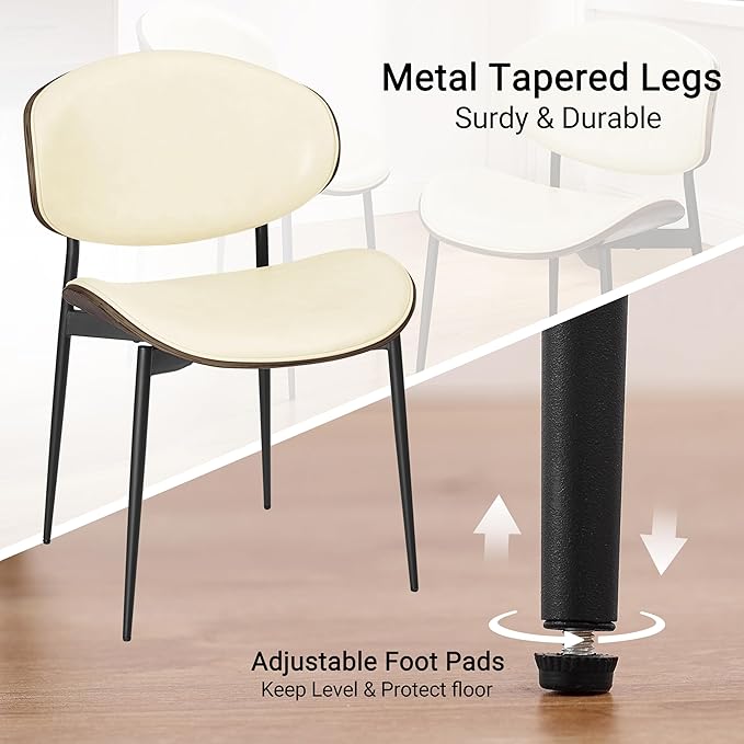 Art Leon Dining Chairs Set of 4, Black Oak Bentwood, Mid Century Modern Chair, Off White Faux Leather Kitchen Dining Room Chairs with Black Metal Legs, Accent Chairs for Bedroom