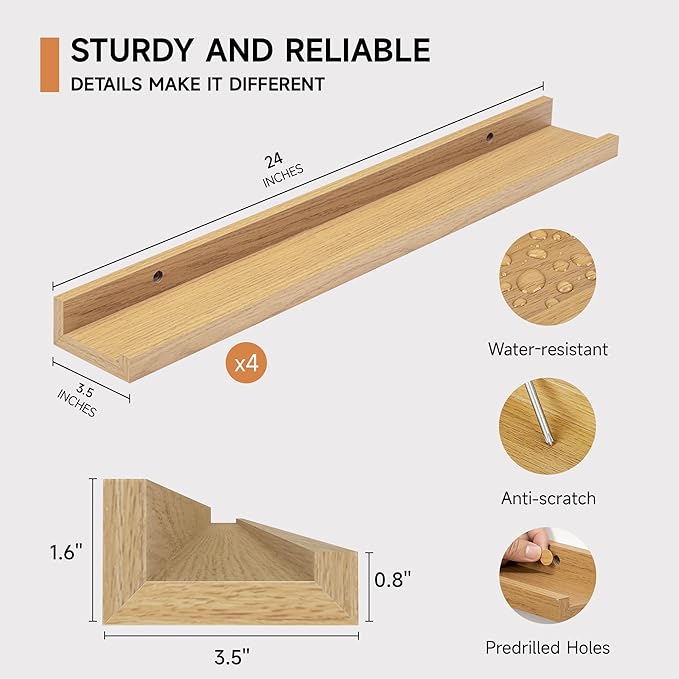 Fun Memories Picture Ledge Shelf for Wall, Floating Shelves Set of 4, 24 Inch Long Nursery Book Shelves for Toys Storage, Kids Bookshelf Wall Mounted for Books Photo Frames, Oak
