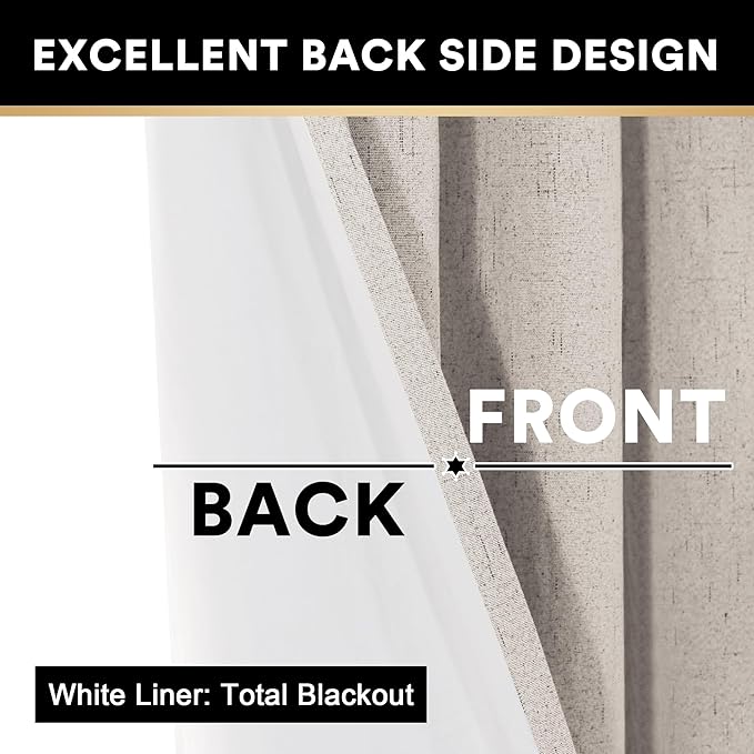 PrinceDeco 100% Black Out Curtains 64 inch Long 2 Panels for Bedroom Anti-Rust Grommet Thermal Insulated Flax Textured Full Blackout Window Draperies with White Liners,Set of 2,W42 X L64,Natural