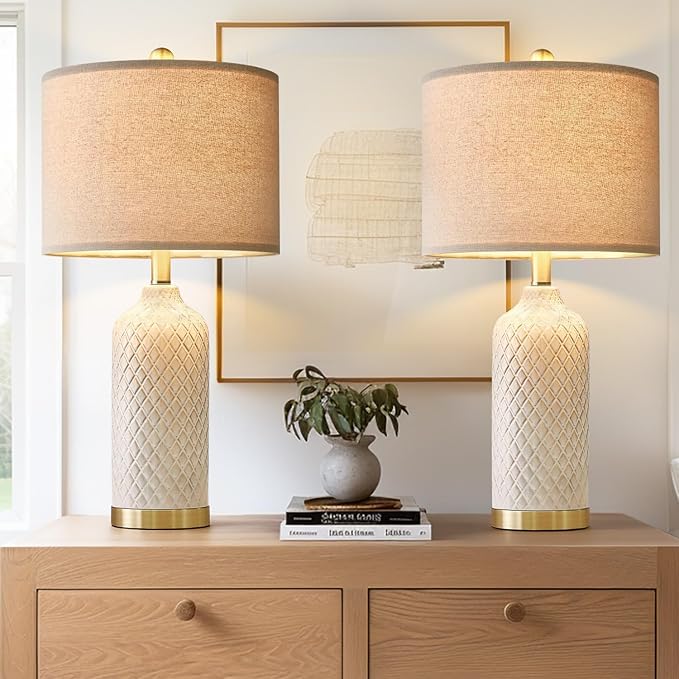 24.25" Table Lamps Set of 2 Modern Ceramic Lamps for Living Room Bedside Lamps Gold for Night Stands Boho Bedroom Lamp Farmhouse Side End Table Lamps