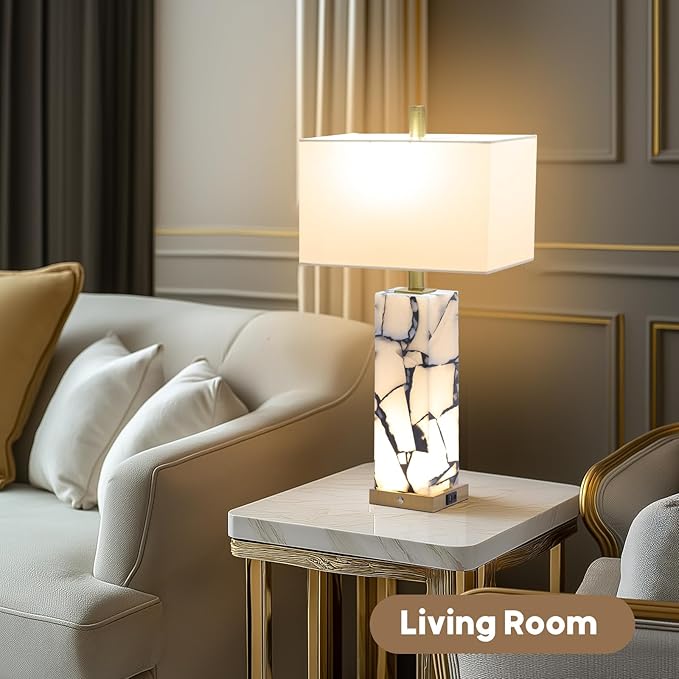 Natural Marble Table Lamps Set of 2: 3-Color Temperatures Alabaster Lamp with Nightlight, Bedside lamps with USB Ports, Bedroom Lamps for Night Stands End Table lamps for Living Room, Bulbs Included