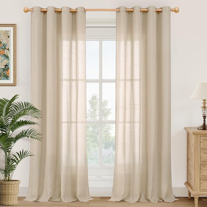 YoungsTex Tan Linen Semi Sheer Curtains 84 Inches Long for Living Room, Light Filtering Drapes with Grommet Lightweight for Bedroom Dining Farmhouse, 2 Panels, 52 X 84 Inch