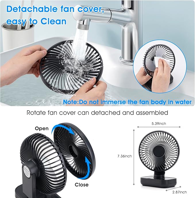 Digibond Oscillating Fan 5.1in Small Wall Mounted Oscillating Desk Fan Auto 90° Rotated Quiet 4 Speeds 4500mAh Rechargeable Battery Powered Cordless USB Fan for Indoor/Outdoor/Bedroom(Black)