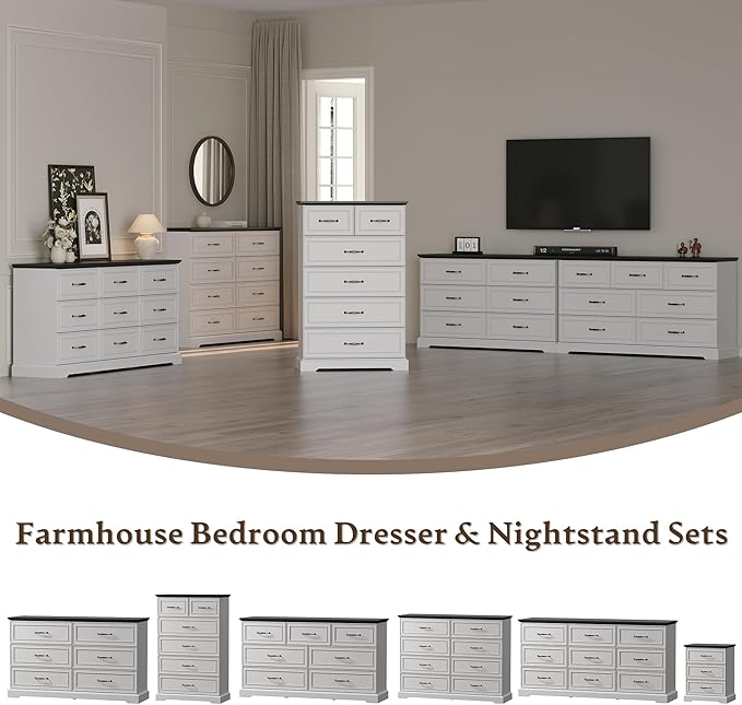 Farmhouse 7 Drawers Dresser for Bedroom, 57" Wide Modern Chest of Drawers with Deep Drawers & Bar Handles, Rustic Wood Dresser TV Stand, Wooden Closet Storage Organizer for Living Room, Hallway, White