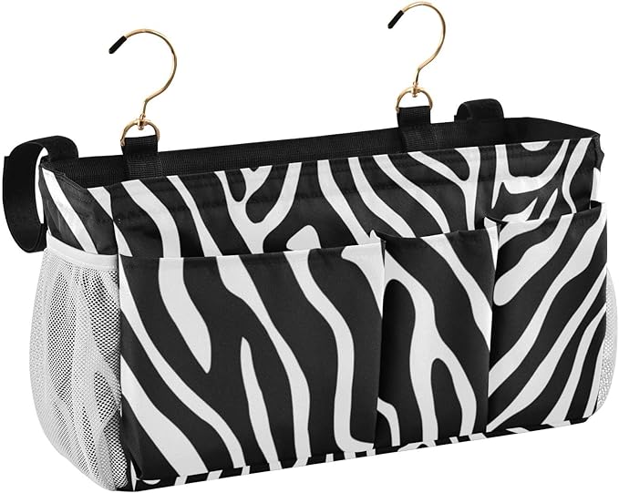 Bedside Caddy Hanging Bunk Bed Caddy Bed Organizer Hanging Pocket with 2 Hooks Bedside Storage Organizer Pocket Bag Holder White Black Zebra Print