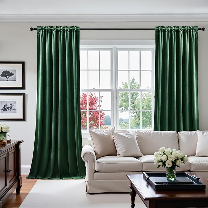 Green Velvet Curtains 84 Inches for Living Room, Elegant Thermal Insulated Luxury Drapes Room Darkening Heavy Blackout Curtains for Bedroom, Back Tab Rod Pocket, Dark Green, W52 x L84, 2 Panels