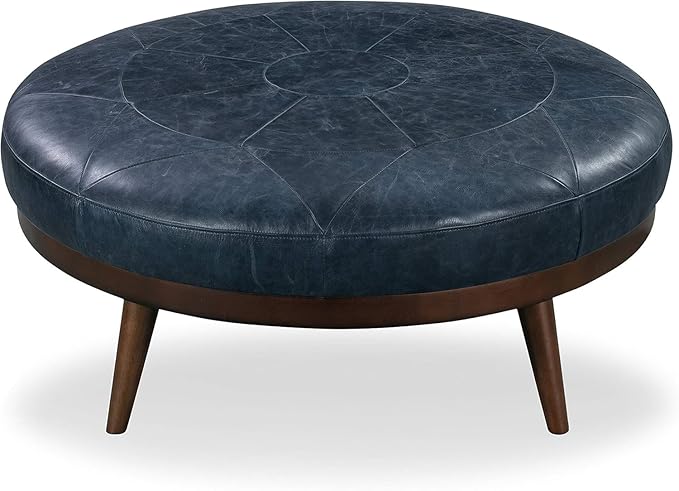 POLY & BARK Gio Ottoman – 30” Round with Feather-Down Topper – Full-Grain Leather Upholstery – Couch Ottoman for Living Room – Vintage Italian Leather in Midnight Blue