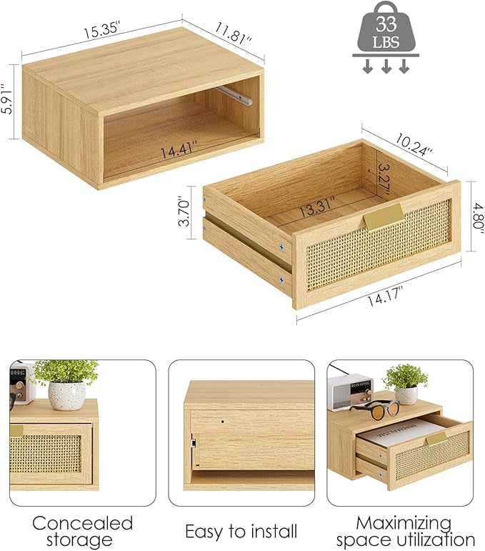 Floating Nightstand, Floating Shelf with Drawer, Wall Mounted Nightstand, Floating Bedside Table (Oak Rattan)