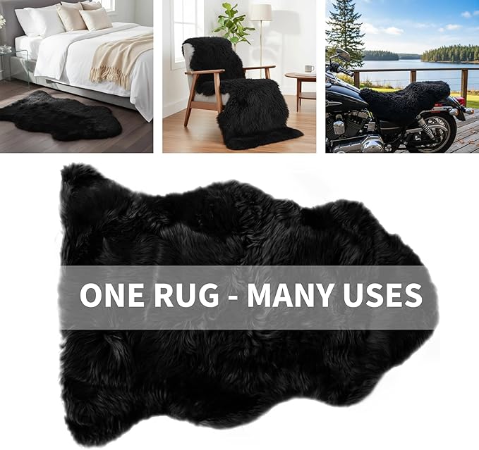 Super Area Rugs Black Sheepskin Rug Genuine Single 2x3ft Pelt Fluffy Fur Seat Cushion and Chair Cover