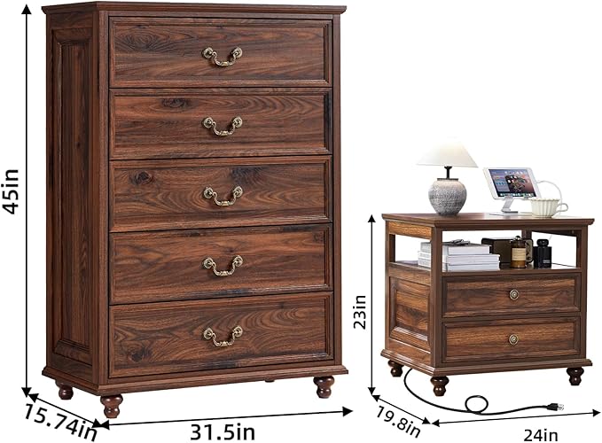 24" Wide Farmhouse Nightstand with Charging Station Set of 2, 45" Tall Rustic Chests of 5 Drawers w/ 4 Solid Wood Feet, Farmhouse Furniture Series for Living Room,Bedroom,Brown