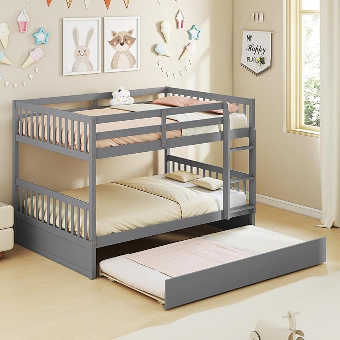 KOMFOTT Wood Full Over Full Bunk Bed with Trundle, Wooden Bed Frame with Ladder, Solid Wood Frame & Safety Guardrails, Space-Saving Bunk Bed for Teens & Adults, No Box Spring Needed