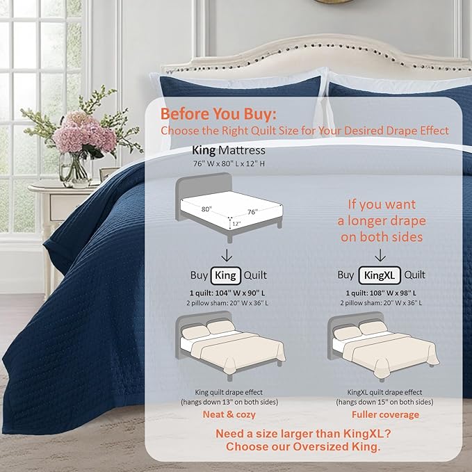KASENTEX King Quilt Set 104"x90" – Soft Washed 3-Layer Lightweight Bedspread, Minimalist Nordic Design, All-Season Spring & Summer Quilt Set (1 Quilt + 2 Pillow Shams),Dress Dark Blue