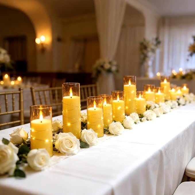 Flameless LED Candles with Timer 24 Pc Flickering Flameless Candles for Romantic Ambiance and Home Decoration Stable Acrylic Shell,with Embedded Star String，Battery Operated Candles(Gold)