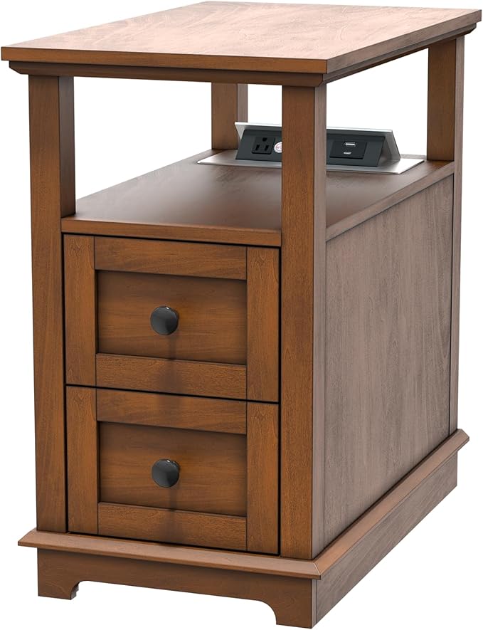 HIFYOBRO 2 Drawers End Table with Flip Top Charging Station, Type-C & USB Port & Power outlets, Wooden Nightstand, Side Table with Storage for Living Room and Bedroom