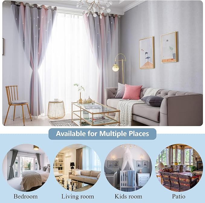 Star Curtains Blackout Curtains for Bedroom Cute Curtains Kids Curtains Rainbow Curtains, Curtains 96 Inches Long 2 Panels, Pink & Grey Curtains, 42 X 96 Inches