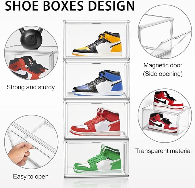 2 Pack Clear Shoe Storage Boxes Stackable Acrylic Shoe Display Case, Large Plastic Shoe Box Sneaker Organizer Purse Organizer with Magnetic Door, Size 12 or 13