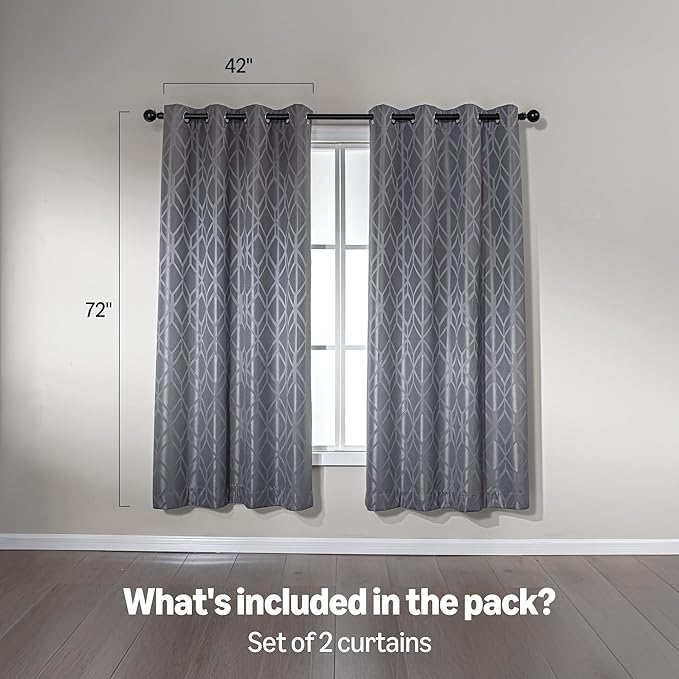 Amazon Basics Jacquard 2-Piece 100% Blackout Curtains, Living Room and Bedroom Drapes, Thermal Insulated Window Treatment, 42"x72", Grey