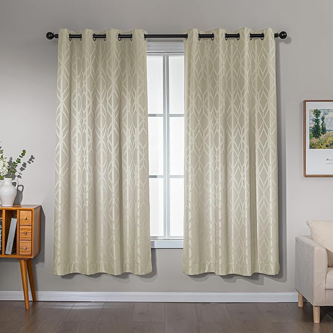 Amazon Basics Jacquard 2-Piece 100% Blackout Curtains, Living Room and Bedroom Drapes, Thermal Insulated Window Treatment, 52"x72", Beige
