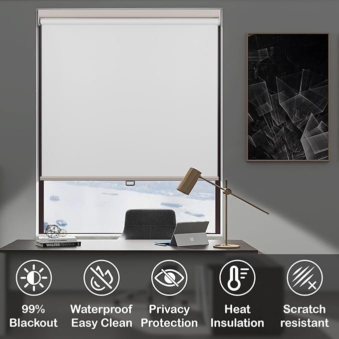 HESTIA No Drill Cordless Blackout Roller Shades Screwless Waterproof Shower Window Blinds, Auto-Retraction Easy Install Blind for Bathroom/Kitchen/Office/Exterior, White, 48" W x 72" H
