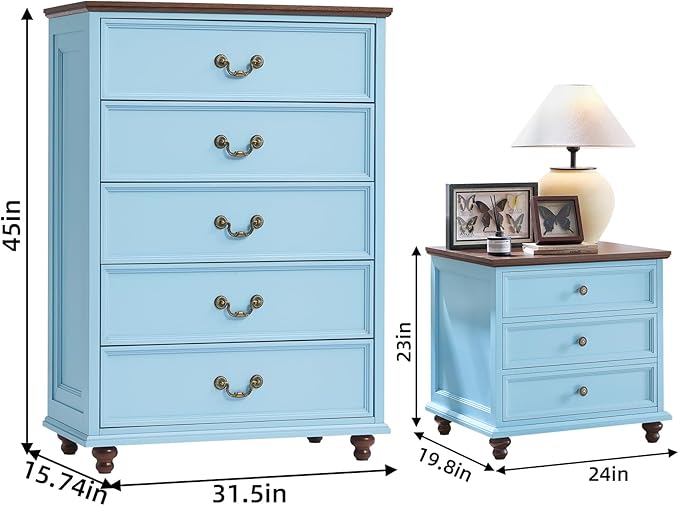 24" Wide Farmhouse Nightstand Set of 2, 45" Tall Rustic Chests of 5 Drawers w/ 4 Solid Wood Feet, Farmhouse Furniture Series for Living Room,Bedroom,LightBlue