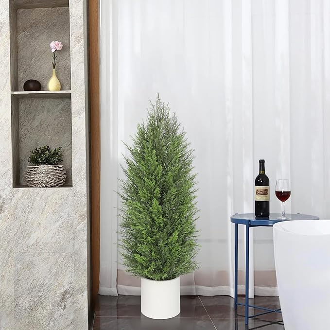 Briful 2PCS 4ft Artificial Cedar Topiary Trees in White Planter – Medium Faux Evergreen Potted Plants, Indoor Outdoor Fake Shrubs, Lifelike Fake Cypress Trees for Home, Office, Patio, Porch