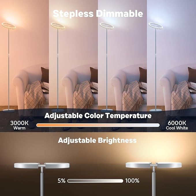 Silver Gray RGBCW Floor Lamp, Bright Color Changing RGB Standing Lamp, Modern Stepless Dimmable LED Tall Lamp with Remote Control, 20W 3000-6000K Floor Lamps for Living Room, Bedroom, Office