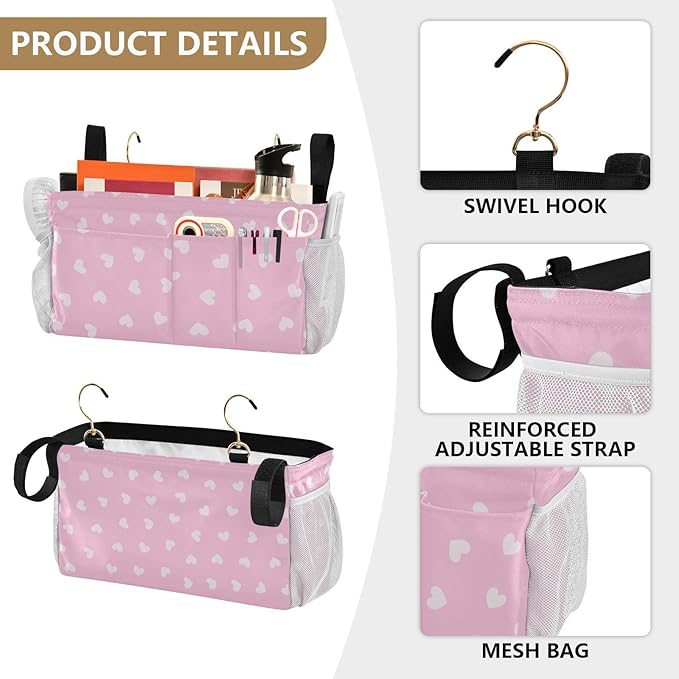 Bedside Caddy Hanging Bunk Bed Caddy Bed Organizer Hanging Pocket with 2 Hooks Bedside Storage Organizer Pocket Bag Holder Heart Pink