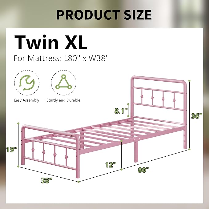 12 Inch Twin XL Bed Frames with Headboard and Footboard, Heavy Duty XL Twin Metal Mattress Foundation No Box Spring Needed, Noise Free, Easy Assembly, Pink