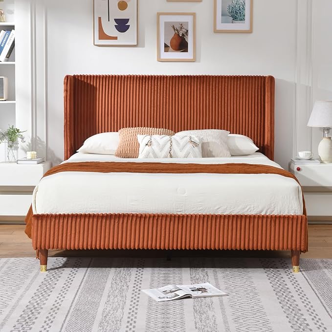 PINJU Queen Size Bed Frame, Upholstered Platform Bed with Modern Vertical Striped Wingback Headboard with Wooden Slats, Easy to Assemble No Noise Free (OCHER, Queen (U.S. Standard))