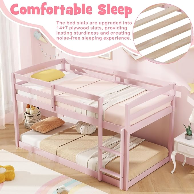 KOMFOTT Low Bunk Bed Twin Over Twin, Solid Wood Twin Bed Frame with Built-in Ladder & Safety Guardrails, Space-Saving Low Bunk Bed for Kids, Teens, No Box Spring Needed