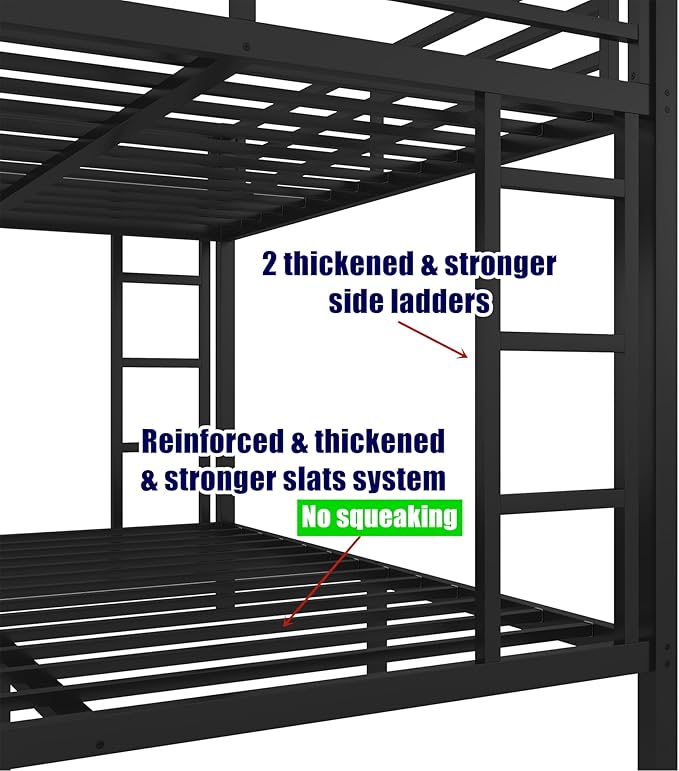 Upgraded & Stronger Heavy Duty Metal Queen Over King Bunk Bed for Adults & Teens, Thickened More Stable Safer Bunkbeds (Greater Weight Capacity) (Queen Over King)