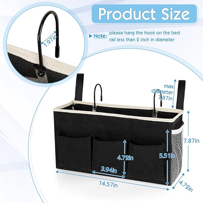Ozzptuu Bedside Storage Caddy/Bedside Hanging Storage Bag for Headboards Bunk Beds Dorm Rooms Book Phone Magazine Holder (New Black)