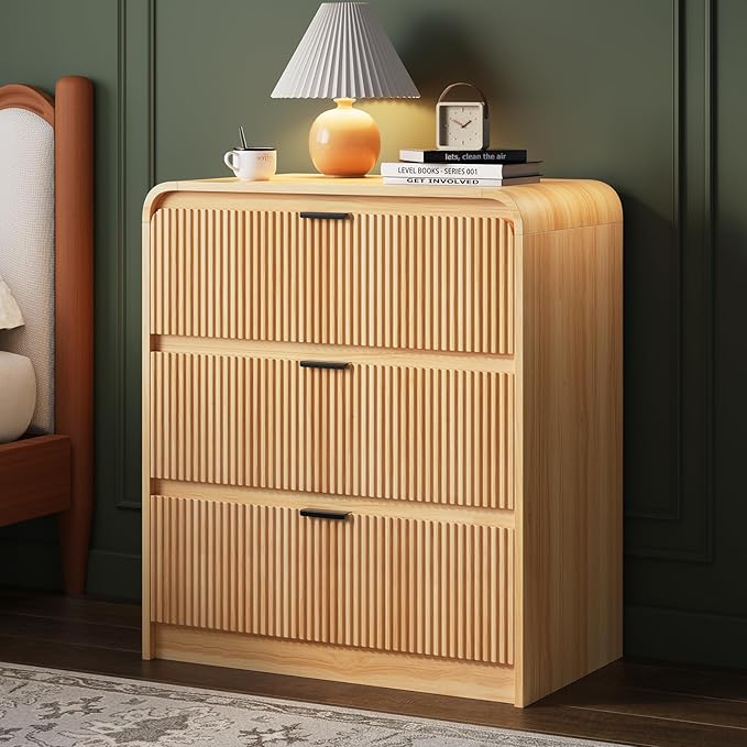 FURSUN 32" Tall Fluted Nightstand, 3 Drawers Wooden End Table w/Storage, Curved Profile Design, Modern Bedside Table for Bedroom, Natural Oak