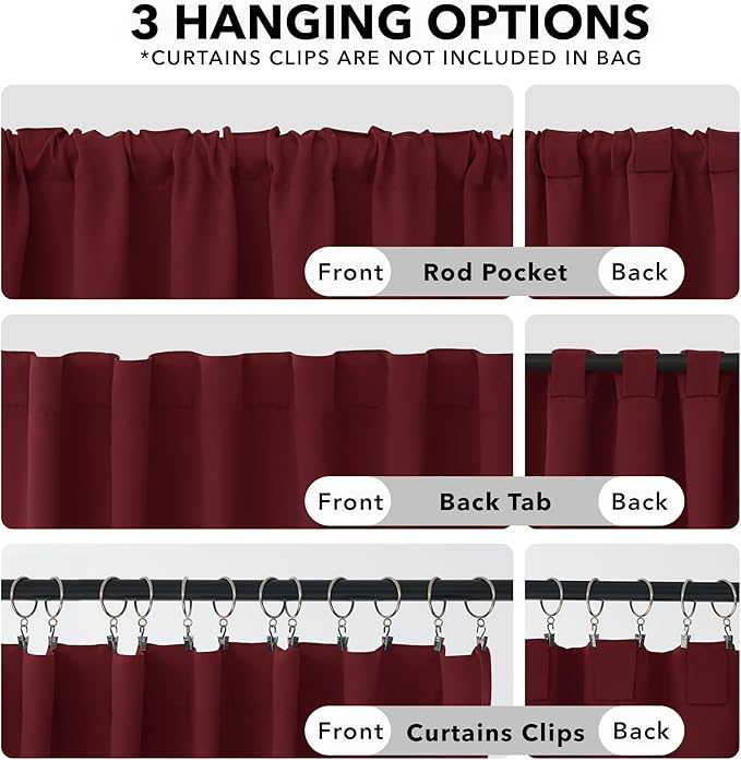 Deconovo Rod Pocket and Back Tab Curtains Thermal Insulated Window Draperies Blackout Drapes for Sunroom 52Wx95L Inch Burgundy Red 2 Panels